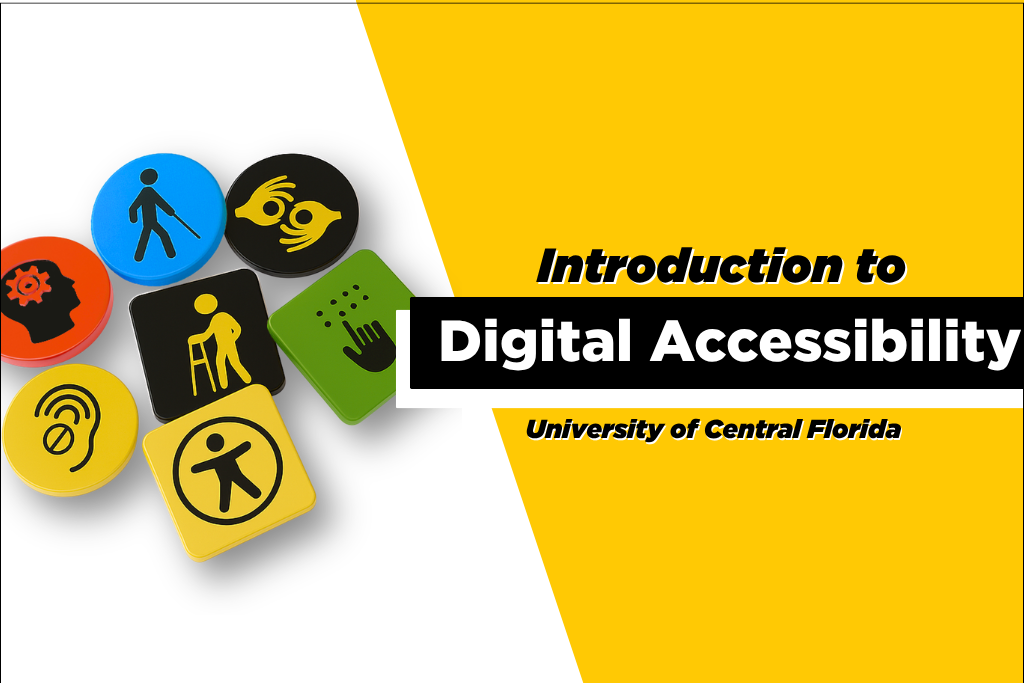 Introduction to Digital Accessibility course banner featuring accessibility icons representing vision, hearing, mobility, and assistive access.