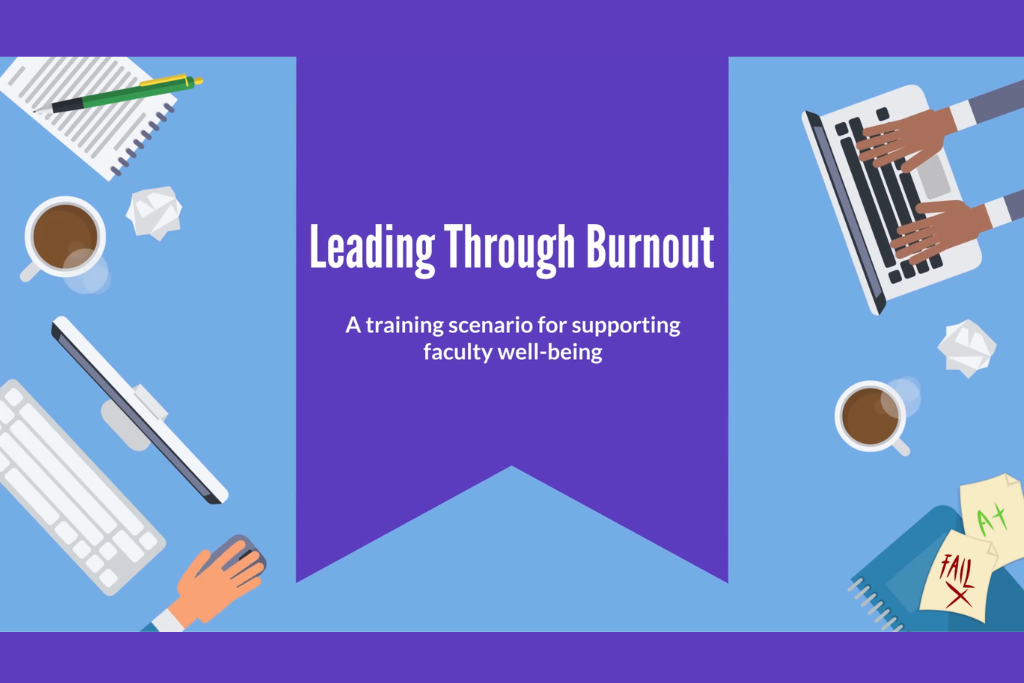 Workspace illustration with laptops, coffee cups, and grading notes framing the “Leading Through Burnout” banner.