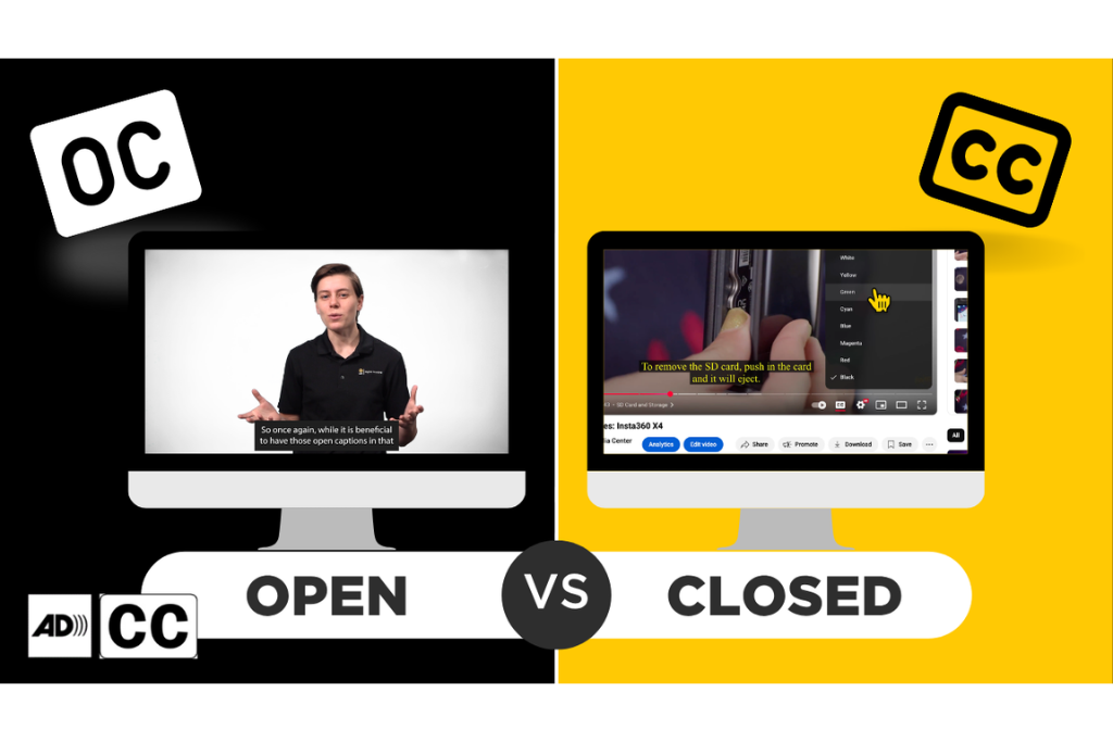 Split-screen comparison of open and closed captions on video players with accessibility caption icons.