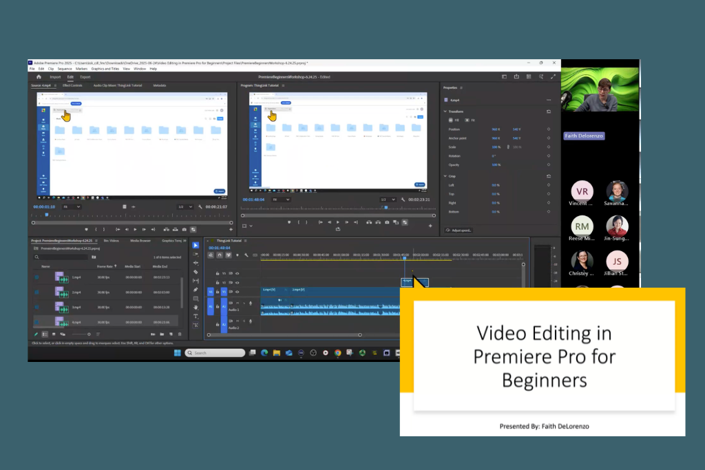Video editing workshop graphic showing the Adobe Premiere Pro interface and live online instruction via a Teams meeting.